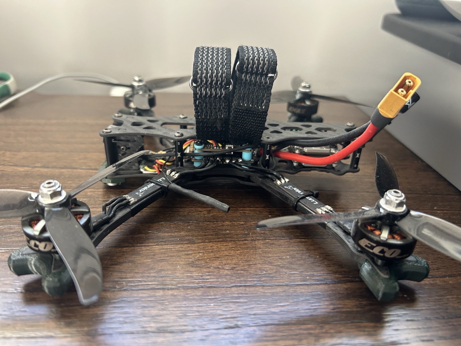 FPV drone, side/front angle view