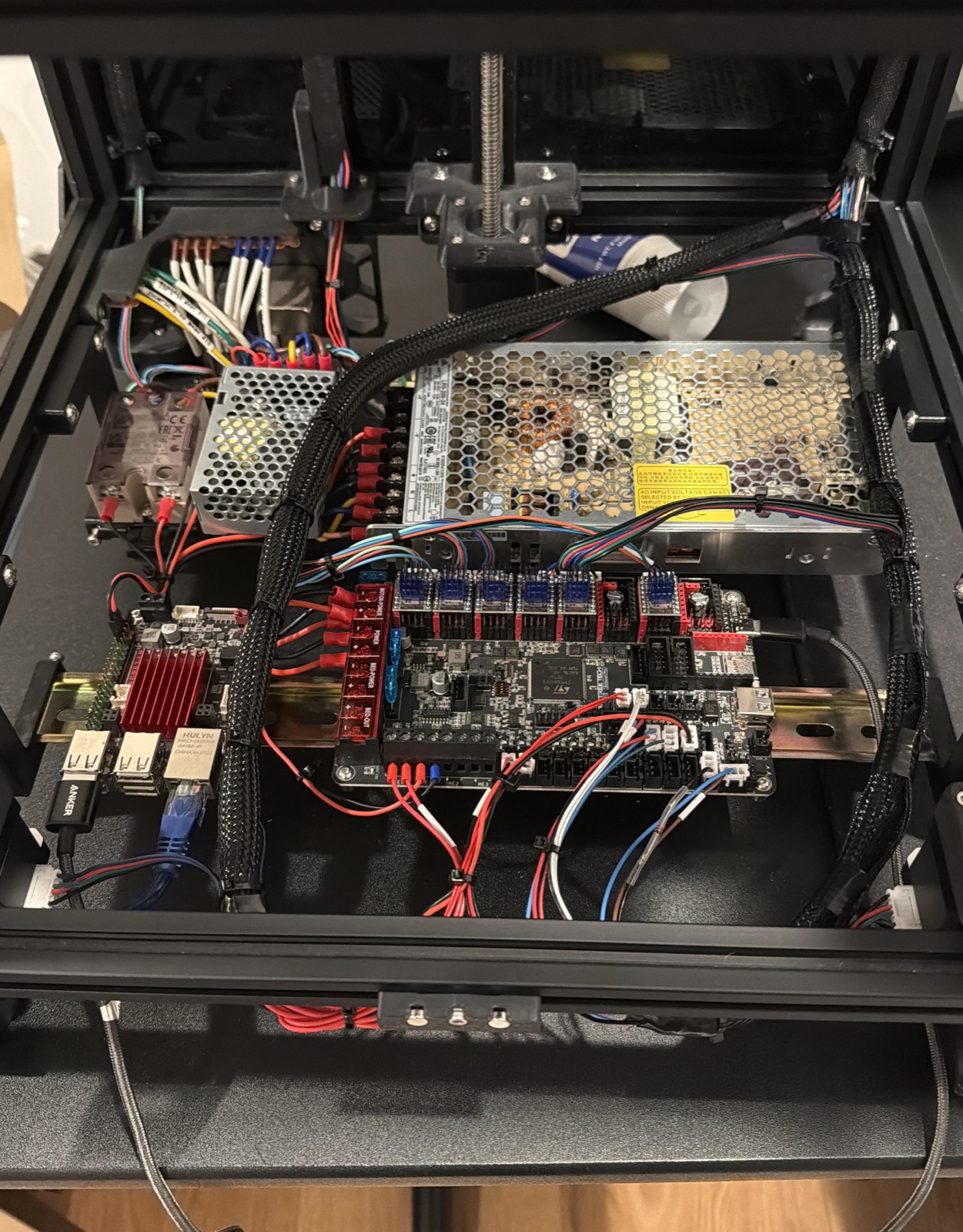 CoreXY FDM printer, electronics bay with wiring and control board